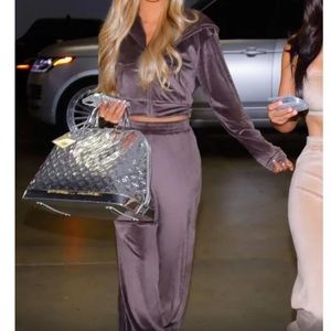 SKIMS x Paris Hilton Velour Tracksuit. Joggers XS, crop zip S, and bandeau S